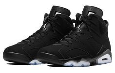 Introducing the Air Jordan 6 Retro Chrome Metallic Silver: an iconic shoe that offers style and a classic look for any occasion. This modern take on the AJ6 features a solid black nubuck upper, with silver Jumpman branding featured prominently on the lace guard. Standard AJ6 details add to its familiar style, like the windowed tongue and lace locks as well as a spoiler-like heel tag. The mid-top is securely mounted on a black polyurethane midsole, enhanced with metallic silver detailing and supp Jordan Retro 6, Air Jordan 6 Retro, Nike Air Jordan 6, Jordan Model, Jordan 6 Retro, Air Jordan 6, Jordan 6, Black Metallic, Sport Sneakers