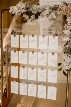 the seating plan is displayed in front of an open window with white flowers and greenery