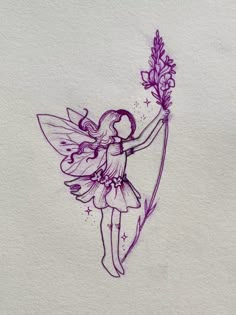 a drawing of a fairy holding a flower in one hand and an arrow in the other