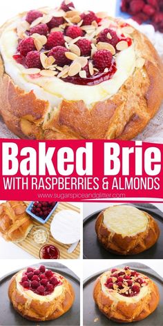 baked brie with raspberries and almonds is shown in this collage