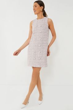 Peony Tweed Bianca Dress | Pomander Place Chic Pink Mini Length Tweed Dress, Chic Pink Mini Tweed Dress, Chic Pink Tweed Dress, Fitted Pink Tweed Dress, Chic Pink Tweed Dress For Spring, Chic Pink Tweed Dress For Workwear, Pink Mini Tweed Dress For Spring, Chic Pink Sleeveless Tweed Dress, Chic Mini-length Tweed Dress