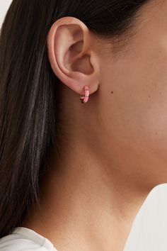 A love of nature informs so many of L'Atelier Nawbar's designs - these earrings are inlaid with pink enamel to mimic the look of bamboo. Handmade from 18-karat gold, they have an angular hoop silhouette and a dusting of diamonds. Love Of Nature, Gold Diamond Hoop Earrings, Pink Enamel, Diamond Hoop Earrings, Gold Enamel, A Love, Ear Piercings, Luxury Design, Gold Earrings