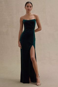 Jenny Yoo Cassandra Strapless Stretch Velvet Gown | Anthropologie Wedding Guest Gown Black Tie, Old Hollywood Wedding Guest Attire, Dark Green Wedding Guest Dress, Jewel Tone Dress, Guest Ideas, Black Tie Wedding Guest Dress, Wedding Guest Gowns, Fall Bridesmaid Dresses, Bridesmaid Dresses Strapless