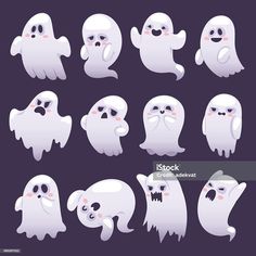 cartoon ghost characters with different expressions and facial expressions, all in white on a dark background