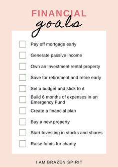 a checklist with the words financial goals written in black and white on top of it