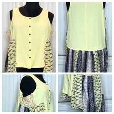 "This beautiful one of a kind women's vest is a combination of two high quality pieces. The yellow cotton vest is paired with a blue and yellow flowered polyester blouse to make this unique summer piece. Wear it alone or over a tank top. It's sure to get you many compliments. A perfect piece for your resort vacation or any occasion you will love wearing it.  There are two special in seam pockets on the side so no purse required. I have listed this as an XXL, but be sure to check the measurements Upcycled Vest, Polyester Blouse, Resort Vacation, Cotton Vest, Upcycled Clothing, Light Summer, Boho Summer, Beautiful One, Navy Floral