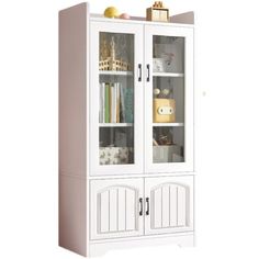 a white cabinet with glass doors and shelves