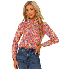 Let your wardrobe blossom with this graceful floral shirt. Whether you're in the office or out on town, this ditsy floral-printed shirt is perfect for any occasion. Wear this shirt out for a breezy look. Pair it with skirts or skinny jeans and high-heeled sandals to finish your look. The graceful floral print makes this blouse a lovely addition to your weekend wardrobe. Trendy Spring Shirt With Button Closure, Trendy Collared Spring Blouse, Trendy Floral Print Button-up Shirt, Fall Floral Print Shirt For Day Out, Floral Long Sleeve Shirt, Women's Button Down Shirt, Ditsy Floral Print, Floral Print Shirt, Collar Top