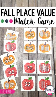 the fall place value match game with apples and oranges on it, in front of a