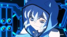 an anime character with blue hair and hoodie in front of neon lights, looking at the camera