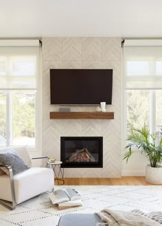 a living room with a fireplace and tv above it