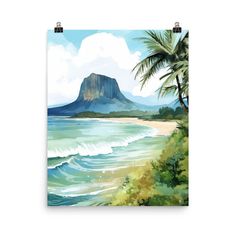 a painting of a beach with mountains in the background and palm trees on the shore