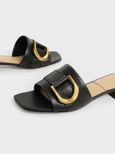 Black Gabine Buckled Leather Mules​ - CHARLES & KEITH US Kids Belt, Toes Designs, Size Chart For Kids, Everyday Shoes, Charles Keith, Modern Square, Leather Mules, Toe Designs, Handle Bag