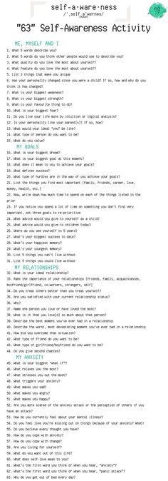 Learning self-awareness can help you break the deep, dark and negative cycle of feeling like you are nothing more than anxiety. With this self-awareness activity, you can ask yourself the risk questions, so you can truly start to know who and what you bring to this world. For more self awareness activities, visit Anxiety Gone. Self Awareness Pictures, Dark Questions To Ask, Who Is More Likely To Questions, Self Awareness Activities, Self Awareness Questions, Self Description, Self Esteem Activities, Adolescent Health, Self Exploration