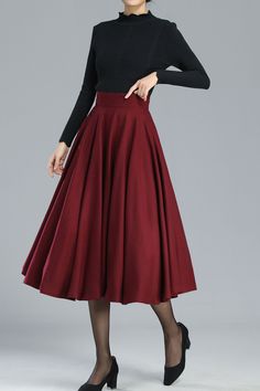 Burgundy Full Circle Wool Skirt Women 3246 – XiaoLizi Luxury Casual Full Skirt, Luxury Feminine Full Skirt, Luxury Fitted Sport Coat For Party, Red Black Skirt Wool, Luxury Red Skirt For Festive Season, Luxury Full Skirt For Winter, Classy Circular Skirt, Christmas Skirts Women, Luxury Red Casual Sport Coat