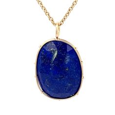 Large lapis Harriet Stone wrapped in yellow gold wire. The stone shown is the stone you will receive. Each Harriet Stone is unique, and once this stone is sold there may not be another like it. 2.0mm gold chain sold separately. Specifications Dimensions 20x26mm Material Wrapped in 14k Yellow Gold Yellow Gold Oval Wire Wrapped Necklace, Luxury Large Stone Pendant Jewelry, Blue Labradorite Jewelry With Large Stone, Blue Lapis Lazuli Natural Stone Necklace, Elizabeth Stone, Luxury Blue Natural Stone Gemstones, Luxury Statement Lapis Lazuli Necklace, Stone Wrapping, Diamond Charm