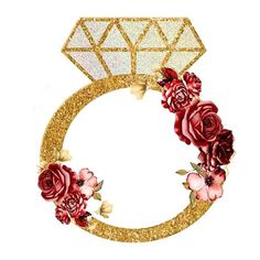 the letter g is made up of gold glitter and flowers with a diamond on top