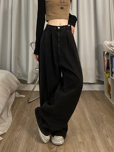 Size: M L XLWaist shape: Natural waistColor classification: BlackPants placket: ZipperApplicable season: All seasonsYear Season: Fall 2022Trouser length: Long pantsStyle: wide-legged pantsColor: Dark Cool Black Outfits, Harajuku 90s, Spring Outfits For School, 2000s Clothes, Trendy Pants, Trendy Outfits For Teens, Dress Suits, High Waisted Denim, Casual Jeans