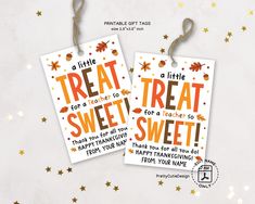 two tags that say treat, treat, and sweet with gold stars on the background