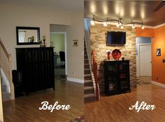 before and after pictures of a living room with wood flooring, walls painted orange