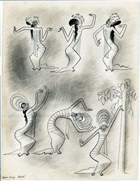 an old black and white drawing of some people doing different things in front of each other