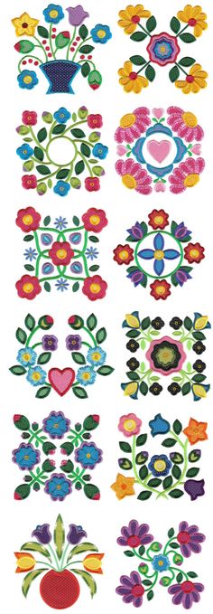 an assortment of colorful embroidered designs on white paper, including flowers and leaves in different colors