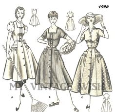 three women's dresses and hats from the 1950's