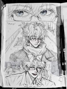 two anime characters are drawn in pencil on paper