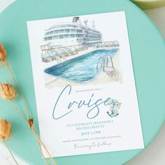 a watercolor painting of a cruise ship and swimming pool on a blue plate with flowers