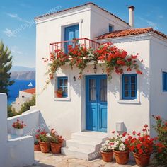 a painting of a white house with blue doors and red flowers on the windowsill