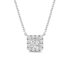 If you need a diamond necklace with a more feminine vibe, this is the one. This white gold necklace features a princess-cut diamond framed by a rounded square halo of round diamonds. Count on this piece to add a little pop of twinkly chic to your looks. Square Diamond Necklace, White Gold Necklace, Diamond Frame, Rounded Square, White Gold Necklaces, Square Diamond, Princess Cut Diamonds, Lab Created Diamonds, Princess Cut