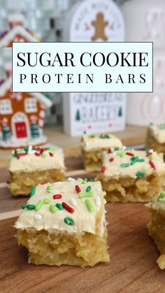 Treat yourself this holiday season to these Christmas Sugar Cookie Protein Bars! These high protein dessert bars are a healthy take on traditional holiday treats. Perfect for gluten free and keto diets, these protein bars are made with almond flour and sweetened without refined sugar, making them ideal for anyone looking for low carb, healthy sweet snacks. With just a few simple ingredients, these sugar cookie protein bars are an easy dessert that’s great for Christmas parties or holiday gatherings. If you're looking for healthy dessert recipes or high protein snacks this Christmas season, you need these protein bars! They’re a perfect addition to your list of Christmas cookie ideas and make for festive, guilt free holiday treats. cookie bar recipes, protein dessert bars Protein Bars Healthy, Healthy Christmas Desserts, High Protein Dessert, Healthy Christmas Treats, Healthy Christmas Cookies, Christmas Sugar Cookie, Protein Baking, High Protein Desserts, Healthy Sweet Snacks