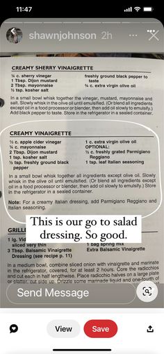 an iphone screen with the message'this is our go to salad dressing, so good '