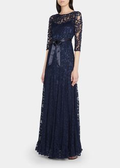 Rickie Freeman for Teri Jon 3/4-Sleeve Lace Overlay Gown - Bergdorf Goodman Bridesmaid And Maid Of Honor, Teri Jon, Printed Gowns, Aline Skirt, Illusion Neckline, Lace Blue Dress, Dresses Elegant, Jacquard Dress, A Line Gown