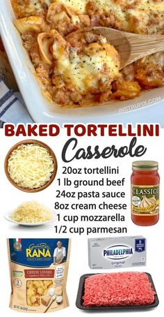 an advertisement for baked tortellini casserole with instructions to make it in the oven