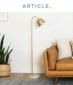 a living room with a couch, chair and potted plant