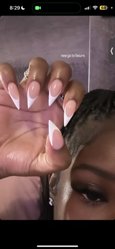 Long Almond Birthday Nails, French Tips Pointy Nails, Classy Almond Shaped Acrylic Nails, Short Stilleto French Tip, Nails Acrylic Sharp Almond, White French Tip Triangle, Nail Inspo Short Stilleto, Stilleto Frenchies Nails, Stiller Nails Ideas