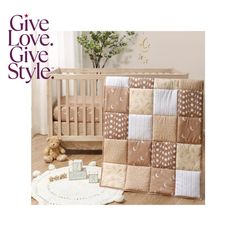 a baby crib with a teddy bear next to it and the words give love give style