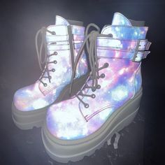 New Demonia X Ihr Super Stacked Purple Galaxy Reflective Platform Boots Size 7. Mix Of Purple/Pink/Blue. Perfect For This Time Of Year For Winter Raves Or Events! Since They Are Reflective They Are Great For Pictures And Videos. Pictures Show With And Without Flash For Some Shots. They Are Very Pretty Honestly But I Bought Them And Never Wore Them Out To A Show. Hoping They Find Their Way To A Super Fun Concert Or Festival Or Anywhere You Want To Take Them! *Box, Inserts, And Original Wrapping I Galaxy Shoes, Demonia Shoes, Purple Galaxy, Platform Boots, Picture Video, Pink Blue, Blue And Purple, Flash, Bee