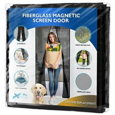 a woman standing in front of a screen door with her dog