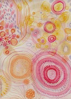 an abstract painting with circles and flowers in pink, orange, yellow and white colors