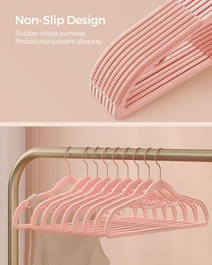 there is a pink rack with clothes hanging on it and the words non - slip design above it