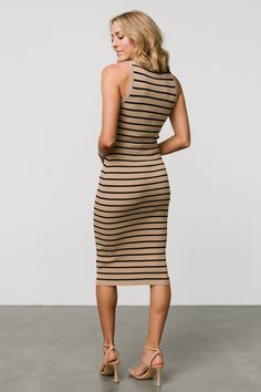 Form-fitting dress that screams simple sophistication Camel color with black stripes Round neckline Functional gold snap-buttons at front bodice Tank sleeves Unlined 70% Viscose, 30% Polyester Trina is 5'6, cup size 32D, size 2 and is wearing size S Chic Ribbed Striped Midi Dress, Chic Striped Ribbed Midi Dress, Striped Midi Bodycon Dress, Chic Striped Knee-length Bodycon Dress, Chic Striped Bodycon Dress, Ribbed Dress, Fitting Dress, Form Fitting Dress, Camel Color