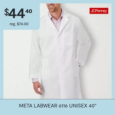 Meta 40" unisex lab features hand access slits, four pockets-2 lower patch pockets with one inside pocket, one chest pocket, and a two-piece swing belt. Tailoered to fit everyone. The fabric is 65/35 Poplin with Soil Release.Arc Rating Type: Not_applicableArc Thermal Performance Value (atpv): Not_applicableFit: Regular FitFiber Content: 65% Polyester, 35% CottonFabric Description: TwillCare: Tumble Dry, Machine WashCountry of Origin: Imported Lab Coats, Coat White, Big And Tall, Chest Pocket, Inside Pocket, Scrubs, Lab Coat, Color White, Fabric