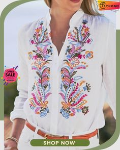 Casual Floralprinted Stand Collar Cotton Loose Blouse Long Sleeve Blouse With Multicolor Embroidery For Summer, Summer Cotton Blouse With Printed Motifs, Cotton Summer Blouse With Printed Motifs, Long Sleeve Floral Print Blouse For Summer, V-neck Blouse With Multicolor Embroidery For Vacation, White Graphic Print Blouse For Beach, White Graphic Print Beach Blouse, Casual Long Sleeve Blouse With Printed Motifs, Long Sleeve Multicolor Print Blouse