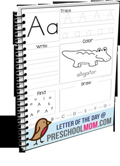 a notebook with the letter of the day and an image of a bird on it