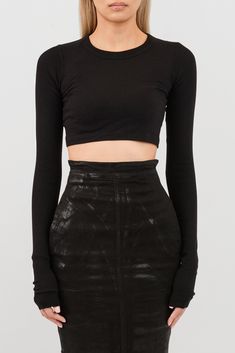 Rick Owens LS Crop T in Black Fitted Cropped Long Sleeve Top For Spring, Fitted Slightly Cropped Tops For Fall, Edgy Cropped Tops For Winter, Sleek Long Sleeve Tops For Night Out, Chic Cropped Long Sleeve Fitted Top, Fitted Long Sleeve Crop Top For Night Out, Chic Fitted Long Sleeve Cropped Top, Cropped Long Sleeve Top For Fall, Chic Fitted Cropped Long Sleeve Top