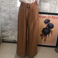 New Never Used Mint Condition Size Fit 4 Waist 27” Iseam 30” Wide Legs Flat 13”1/4 100% Linen Made In Australia “ Brown High-waisted Wide Leg Pants With Belt Loops, Belted Beige Trousers, High Waist Beige Belted Pants, Belted Beige Wide Leg Bottoms, Beige Belted Wide Leg Bottoms, Beige Wide Leg Belted Bottoms, Beige Belted Wide-leg Bottoms, Beige Wide-leg Belted Bottoms, Beige Belted Wide-leg Pants