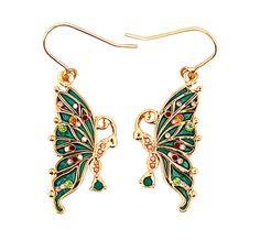 Our Art Nouveau style gold plated metal alloy butterfly drop earrings could make a wonderful gift. Set with multi-coloured enamel and Swarovski crystals these earrings will add a splash of colour and excitement to any outfit or jewellery collection. Worn as an everyday earring or an evening jewellery item, these exquisite women's earrings have a French hook fitting.     *    Gold plated metal alloy butterfly earrings     *    Dimensions: 27mm x 18mm (1 1/4 inches x 1/2 inch)     *    Supplied in Jeweled Enamel Earrings For Gift, Enamel Jeweled Earrings For Gift, Evening Jewelry, Butterfly Earrings, Everyday Earrings, Pink Diamond, Women's Earrings, Swarovski Crystals, Art Nouveau