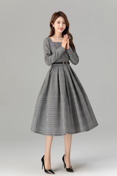 Elegant Plaid Midi Dress, Elegant Plaid Winter Dress, Elegant Plaid Midi Dress For Fall, Long Sleeve Plaid Midi Dress For Fall, Plaid Long Sleeve Midi Dress For Fall, Elegant Winter Plaid Dress, Elegant Fall Plaid Midi Dress, Elegant Long Sleeve Plaid Winter Dress, Spring Long Sleeve Cotton Plaid Dress